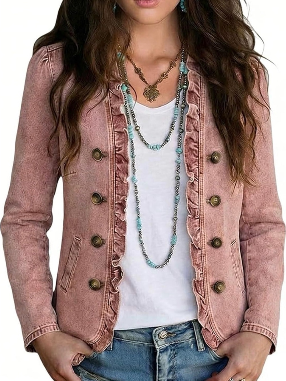 Women's Ruffle Trim Pink Jacket - Casual Tailored Coat